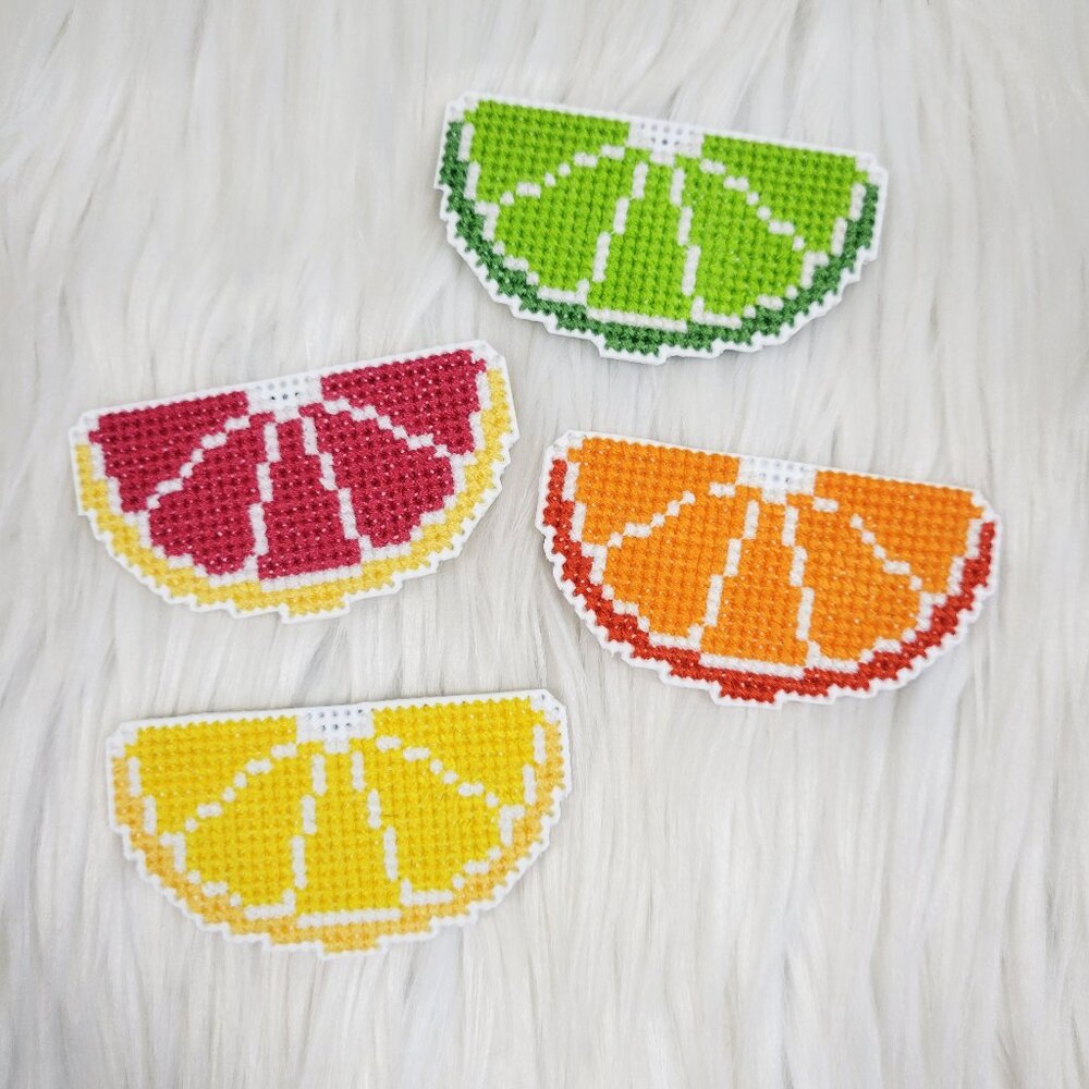 4 Citrus Handmade Cross Stitch Magnets Lemon Lime Orange Grapefruit Complete